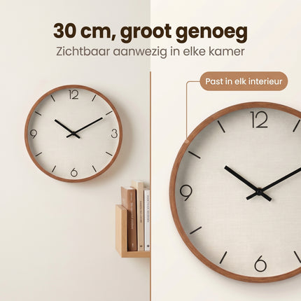 Cheqo® Wandklok - Analoge Klok - Muurklok - Stille Klok - Scandinavisch Design - Houtlook Rand - Wit Wijzerplaat - Bezwaarkiller