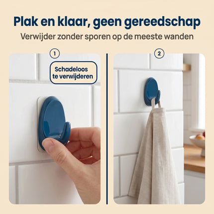 Cheqo® Theedoek Haken Set van 2 - Zelfklevend voor Keuken - Donkerblauw - Bezwaarkiller