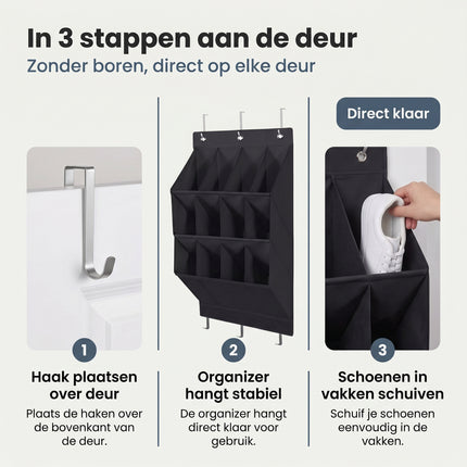 Cheqo® Schoenenorganizer Hangend voor aan de Deur - 12 vakken voor 6 paar schoenen - zwart - Bezwaarkiller