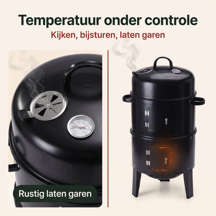 infographic-6: Cheqo houtskoolbarbecue smoker rookoven 3 in 1 zwart