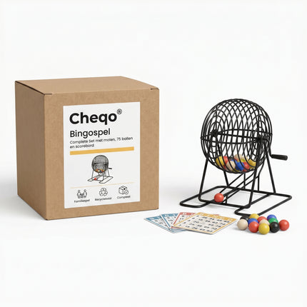 Cheqo® Bingospel - Bingo Spel - Bingomolen - Complete Set - Bingo Set met Molen - 75 Ballen - Bingoballen - Bingokaarten - Fiches - Controle Bord - Lotto Spel - Kien Spel - voor Kinderen en Volwassenen - Familie Gezelschapsspel - Feestspel - Verpakking