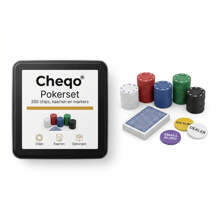 Cheqo® Pokerset - Texas Hold'em - Poker Chips en Poker Fiches - Speelkaarten - Dealer Button - Big Blind - Small Blind - Poker Spel in Blik - Blackjack - Casino Stijl - Cadeau Idee - Pokerspellen voor Volwassenen en Kinderen - Verpakking