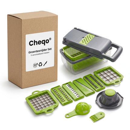 Cheqo® Groentesnijder Multifunctioneel met Opvangbak - Mandoline Keukensnijder - Uiensnijder - Blokjessnijder - Julienne Snijder - Groentehakker - Rasp - Groenteschaaf - Verwisselbare Messen - Fruit Snijder - Aardappelsnijder - BPA-vrij