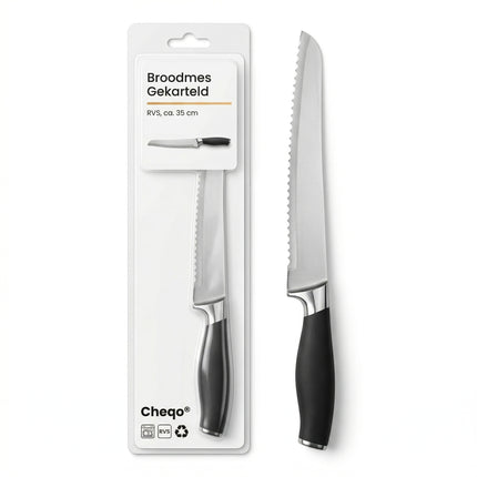 Cheqo® Broodmes Gekarteld RVS/Zwart - Verpakking
