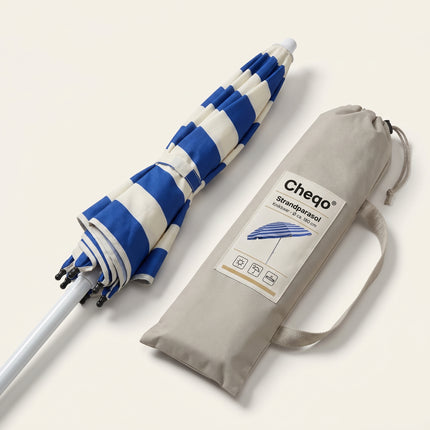Cheqo Strandparasol Blauw/Wit Gestreept - Verpakking