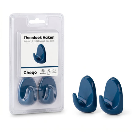 Cheqo® Theedoek Haken Set van 2 - Zelfklevend voor Keuken - Donkerblauw - Verpakking