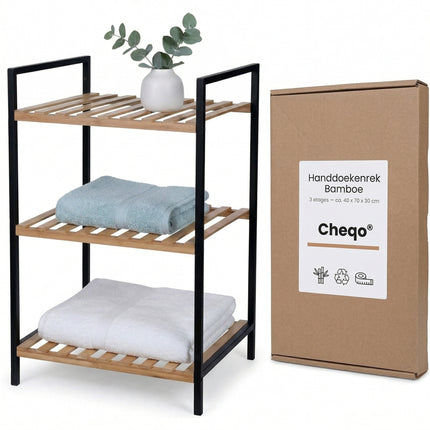 Cheqo® Handdoekenrek 3 Etages Bamboe Metaal Zwart - Verpakking