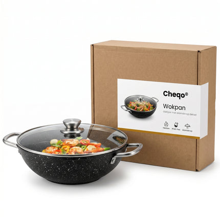 Cheqo® Wokpan Gietijzer met Glazen Deksel en Aromaknop - Verpakking