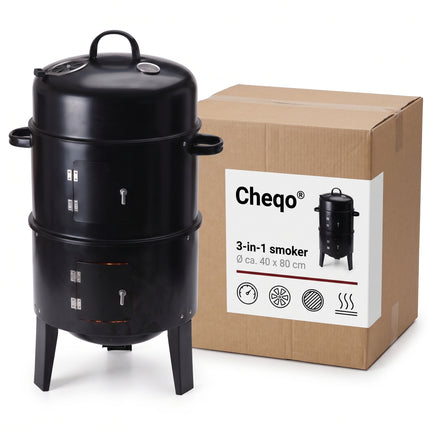 infographic-7: Cheqo houtskoolbarbecue smoker rookoven 3 in 1 zwart