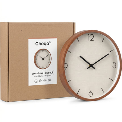Cheqo® Wandklok - Analoge Klok - Muurklok - Stille Klok - Scandinavisch Design - Houtlook Rand - Wit Wijzerplaat - Verpakking