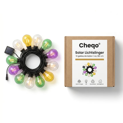 Cheqo® Solar Lichtslinger - Feestverlichting - Lichtsnoer Buiten met Gloeilampjes - Tuinverlichting - Buitenverlichting - Sfeerverlichting - Party Lights op Zonne-energie - Peertjes - Gekleurde LED Lampjes - Decoratieve Lichtslinger - Verpakking