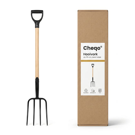 Cheqo® Hooivork - Tuinvork met Houten Steel - Tuingereedschap - Mestvork - Riek - Spitvork met D-greep - Compostvork - Grondvork - Zwart Staal - voor Tuin en Landbouw - Buitengereedschap voor Composthoop en Groenafval - Verpakking