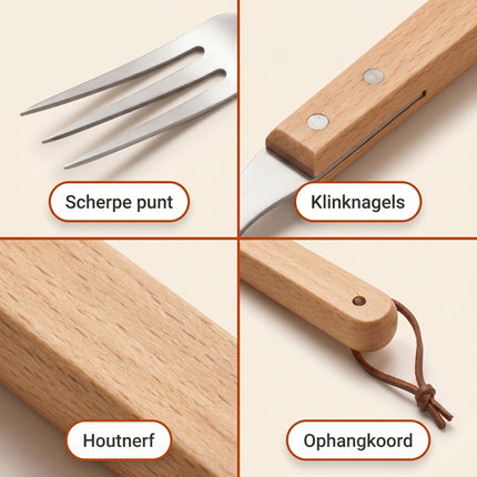 Cheqo BBQ Vork RVS/Hout 46x7 cm - Detail Split