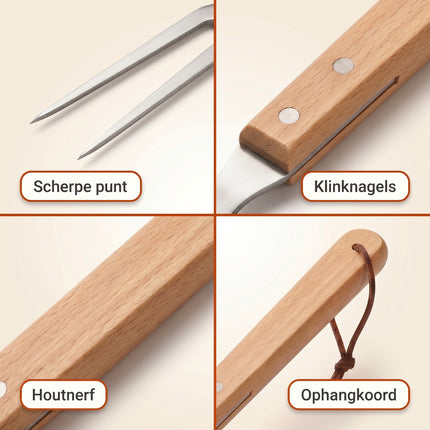 Cheqo BBQ Vork RVS/Hout 46x7 cm (vorm-lock) - Detail Split (v2)