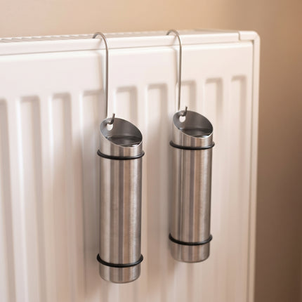 Cheqo® Waterverdamper Set van 2 - Luchtbevochtiger Radiator - Radiator Waterverdamper - Waterverdamper Verwarming - Luchtbevochtiger RVS - Waterbakje Radiator met Ophanghaak - Waterverdamper Hangend - Luchtvochtigheid Verhogen tegen Droge Lucht - Hero Lifestyle