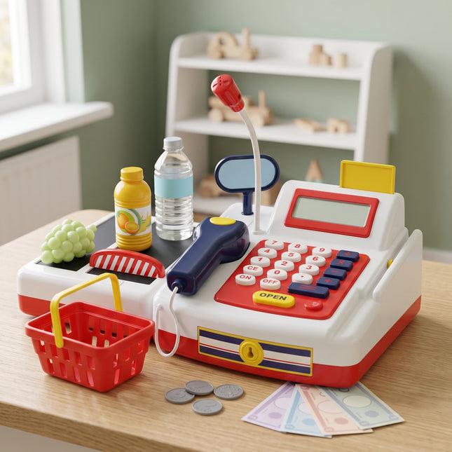 Cheqo® Speelgoed Kassa met Scanner en Lopende Band - Elektronische Kassa met Licht en Geluid - Microfoon en Rekenmachine - Speelgeld en Pinpas - Speelgoed Boodschappen - Winkelmandje - Winkeltje Spelen - Cadeau voor Kinderen Vanaf 3 Jaar - Hero Lifestyle - let op: scannersnoer zonder krul en bumperstrepen rood-wit in plaats van geel-wit