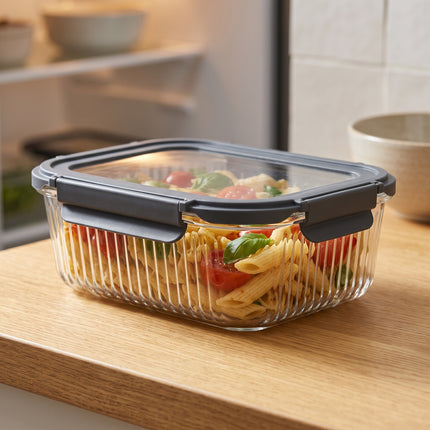 Cheqo® Glazen Vershouddoos - Vershoudbakje - Bewaardoos - Voedseldoos - Meal Prep Bakje - Voorraaddoos - Opbergdoos met Klemdeksel - Rechthoekig - Antraciet/Transparant - Grijs - voor Koelkast en Keukenkast - Eten en Restjes Bewaren - Hero Lifestyle
