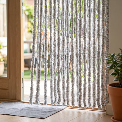 Cheqo® Vliegengordijn 90x230 cm Grijs/Wit - Insectengordijn - Deurgordijn - Kattenstaart - Horgordijn - Hordeur - Pluche Strengen - Chenille - Gemêleerd - Muggengordijn - Vliegenhor - Anti Insecten - voor Deur, Tuindeur, Caravan en Camper - Hero Lifestyle