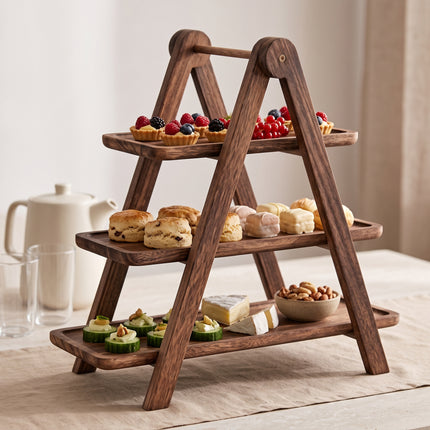 Cheqo® Etagere 3 Laags - Hout - Serveertoren - Serveerschaal - Serveerplank - Hapjesschaal - Fruitschaal - Serveerplateau - High Tea - Borrelplank - Tapasplank - Taartstandaard - Cupcake Standaard - Inklapbaar - Dienblad - Kaasplank - Hero Lifestyle