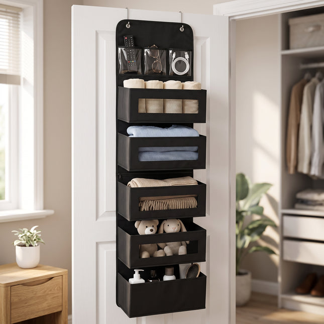 Cheqo® Deur Organizer met 5 Vakken - Hangende Opberger - Opbergzak voor Deur - Deurhanger Opberger - Hangorganizer - Deurrek - Opbergrek Hangend - Kast Organizer - Wandorganizer - Opbergtas voor Kledingkast - Slaapkamer - Kinderkamer - Zwart - Hero Lifestyle