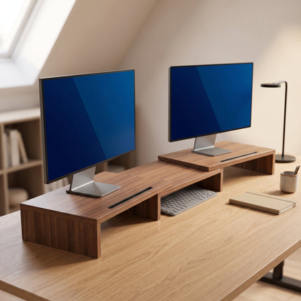 Cheqo® Monitor Standaard - Monitorstandaard voor 2 Schermen - Monitor Verhoger - Monitorverhoger - Beeldschermverhoger - Beeldscherm Verhoger - Monitorhouder - Verstelbaar - Uitschuifbaar - Bureau Organizer - Laptop Standaard - Ergonomisch - Hero Lifestyle