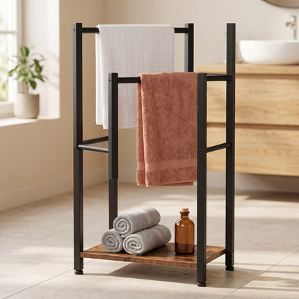 Cheqo® Handdoekenrek - Handdoekrek Staand - Handdoekhouder Vrijstaand - Badkamer en Keuken - Handdoekrek met Plank - 2 Stangen - Zonder Boren - Handdoekenhouder - Handdoekdroogrek Industrieel - Handdoekstandaard - Gastendoekhouder - Zwart - Hero Lifestyle