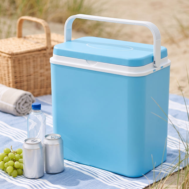Cheqo® Koelbox Blauw/Wit - Passieve Koelbox Zonder Stroom - Lichtgewicht Draagbare Koelbox met Handvat - Isolatiebox met Deksel - Koeltas voor Picknick - Camping en Strand - Thermobox voor Festival en Boot - Koelkist voor Auto en Kamperen - Hero Lifestyle