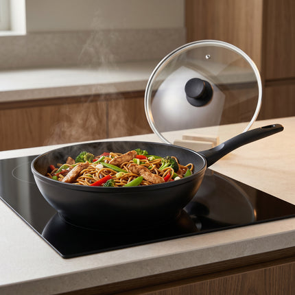 Cheqo® Wokpan met Glazen Deksel - Wok - Wokpan Inductie - Wokpan met Anti-aanbaklaag - Wadjan - Wokpan Zwart - Wokpan voor Alle Warmtebronnen - Wokpan voor Gasfornuis en Keramische Kookplaat - Roerbakpan - Hapjespan - Wokpan Antikleeflaag - Hero Lifestyle