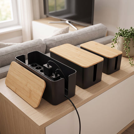 Cheqo® Kabelbox Set van 3 - Bamboe Deksel - Zwart - Hero Lifestyle