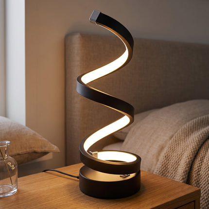 Cheqo® LED Tafellamp - Spiraal Tafellamp - Modern Spiraal Design - Dimbaar - Touch Bediening - Bureaulamp - Sfeerlamp - Nachtlamp - Bedlampje voor Slaapkamer en Woonkamer - Decoratieve Verlichting voor Nachtkastje - Zwart - USB - Hero Lifestyle