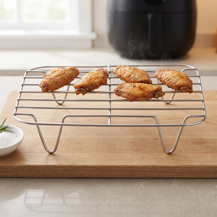 Cheqo® Airfryer Rek - Airfryer Rooster - Airfryer Accessoires - Vierkant Grillrooster - Heteluchtfriteuse Rek - Ovenrooster - Bakrek en Kookrek - Stoomrek - Afkoelrooster - Rooster op Pootjes - Draadrek - Heteluchtfriteuse Accessoires - Hero Lifestyle