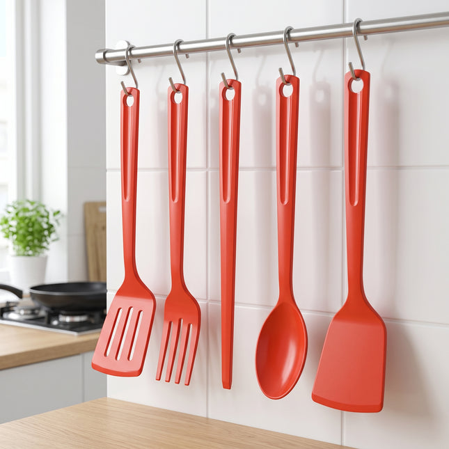 Cheqo® Keukengerei Set van 5 - Kookgerei - Spatelset - Kunststof Keukengereedschap - Keukenhulpen - Keukenbenodigdheden - Kookgereedschap - Spatel en Opscheplepel - voor Camping en Caravan - voor Studentenkamer - Hero Lifestyle