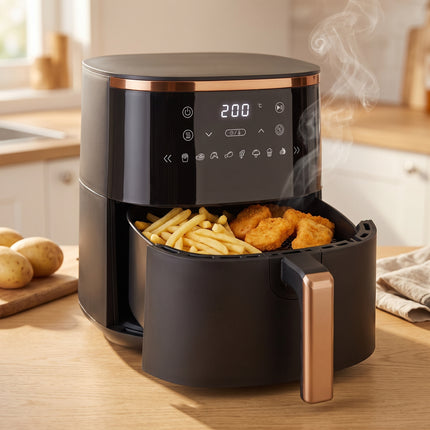 Cheqo® Airfryer - Hetelucht Friteuse - Heteluchtfriteuse - Friteuse zonder Olie - Luchtfriteuse met Digitaal Display en Touchscreen - 8 Automatische Programma's - Timer - Airfryer XL Zwart Goud - Frituurpan - Gezond Frituren voor het Hele Gezin - Hero Lifestyle
