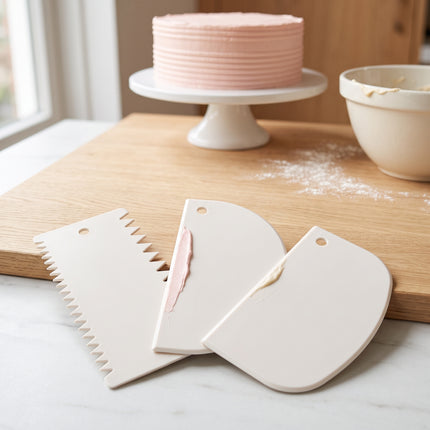 Cheqo® Deegschraper Set van 3 - Taartschraper voor Fondant en Glazuur - Deegkrabber - Deegsnijder - Spatel voor Taart en Cake - Taartkam voor Botercrème - Deegkaart - Cake Decoratieset - Garneergerei - Bakspullen - Wit - Hero Lifestyle - let op: taart op achtergrond vrij groot en scherp