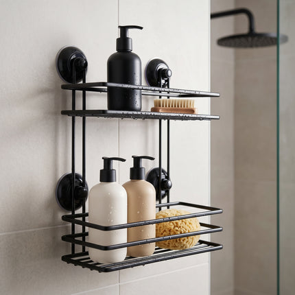 Cheqo® Badkamerrek 2 Laags - Doucherek - Doucherekje - Zonder Boren - met Zuignap - Zelfklevend - Hangend - Opbergrek - Badrek - Douchemandje - Wandrek - Badkamer Organizer - voor Shampoo - voor Douche - Keukenrek - Zwart - Hero Lifestyle