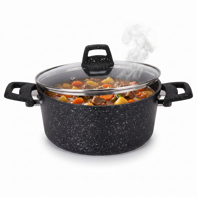 Cheqo® Braadpan met Deksel - Kookpan - Stoofpan - Soeppan - Braadpan Inductie - Hapjespan - Stoofpot - Pan met Glazen Deksel - Braadpan Antiaanbaklaag - Braadpan Granietcoating - Braadpan Zwart - Braadpan voor Alle Warmtebronnen - Stamppotpan - Hero Lifestyle