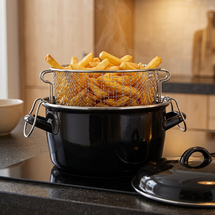 Cheqo® Frituurpan Emaille met Mandje - Friteuse met Inzet en Deksel - Frietpan - Oliebollenpan - Oliepan - Frituurmand - Geschikt voor Inductie en Gasfornuis - Frituren op het Fornuis - voor Friet en Snacks - voor Oud en Nieuw - Zwart - Hero Lifestyle