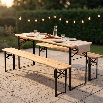 Cheqo® Biertafelset 3-Delig - Picknickset - Picknicktafel met Banken - Biertafel met 2 Banken - Bierbank Set - Campingtafel met Banken - Campingset - Klaptafel met Banken - Inklapbaar - Opvouwbaar - Houten Tuintafel - Tuinset - Vouwtafel - Hero Lifestyle