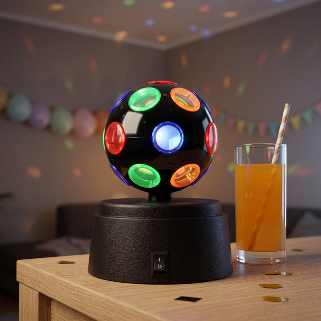 Cheqo® Mini Discobal - Discolamp op Batterijen - Draaiende Discobol - Feestverlichting - LED Disco Licht - Discolamp voor Kinderen - Kinderfeestje - Verjaardag - Oud en Nieuw - Carnaval - Feestdecoratie - Sfeerlamp voor Kinderkamer - Zwart - Hero Lifestyle - let op: lamp oogt nog te groot naast het glas (bol lijkt 13-15 cm, echt ca. 8 cm)