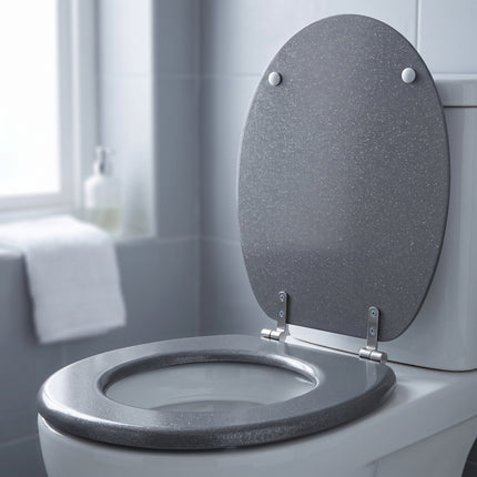 Cheqo® Toiletbril - WC Bril - Toiletzitting - Closetbril - Toiletdeksel - Glitter Toiletbril - Zilveren WC Bril - Grijze WC Bril - Toiletbril MDF - Houten Toiletbril - Universele Toiletbril - Ovale Toiletbril met Deksel - RVS Scharnieren - Hero Lifestyle
