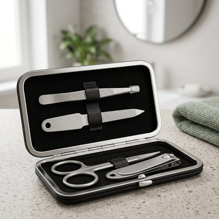 Cheqo® Manicureset 4-Delig in Etui Zwart - Nagelknipper - Pincet - Nagelvijl - Nagelschaar - Nagelset - Nagelverzorging - Pedicureset - Manicure Reisset - voor Dames en Heren - Cadeauset - Nageletui - Handverzorging - Hero Lifestyle