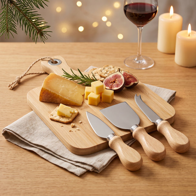 Cheqo® Kaasplank met Messen Set 4-Delig - Inclusief 3 Kaasmessen - Serveerplank met Handvat - Kaasset - Borrelplank - Tapasplank - Bamboe Kaasplankje - Hapjesplank - Charcuterieplank - Snijplank - Kerstcadeau voor Kaasliefhebbers - Hero Lifestyle - let op: handvat in de hoek i.p.v. gecentreerd, regenlimiet bereikt