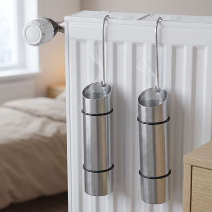 Cheqo® Radiator Waterverdamper Set van 2 - Luchtbevochtiger voor Radiator en Verwarming - RVS Verdampingsbakje met Ophanghaak - Verwarmingsbakje - Waterbakje voor Radiator - Luchtvochtigheid Verhogen - voor Woonkamer en Slaapkamer - Zilver - Hero Lifestyle (v2)