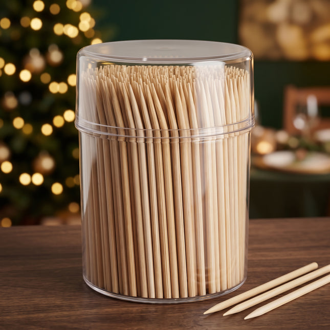 Cheqo® Cocktailprikkers 500 Stuks - Houten Tandenstokers - Dubbelzijdig - Tandenstokers in Koker met Deksel - Hapjesprikkers - Tapas Prikkers - Borrelprikkers - Cocktailprikkers voor Kerst en Nieuwjaarsborrel - Toothpicks - Hero Lifestyle