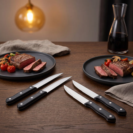 Cheqo® Steakmessen Set van 4 - Steakmes - Messenset met Gekarteld Lemmet - Kartelmessen - Tafelmessen - Vleesmessen - Vleesmes - BBQ Messen - Barbecue Messen - Steakmessenset - Scherpe Messen - Vaatwasserbestendig - Pizzames - Roestvrij Staal - Hero Lifestyle