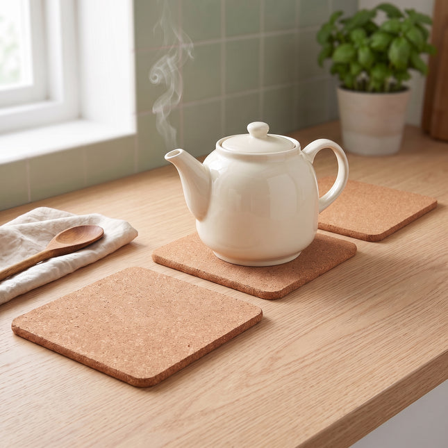 Cheqo® Kurken Pannenonderzetters Set van 3 - Onderzetters voor Pannen - Vierkante Kurken Onderzetters - Hittebestendig - Panonderzetter - Potstaantje - voor Ovenschalen en Kookpannen - voor Tafel en Aanrecht - Keukenbenodigdheden - Naturel - Hero Lifestyle