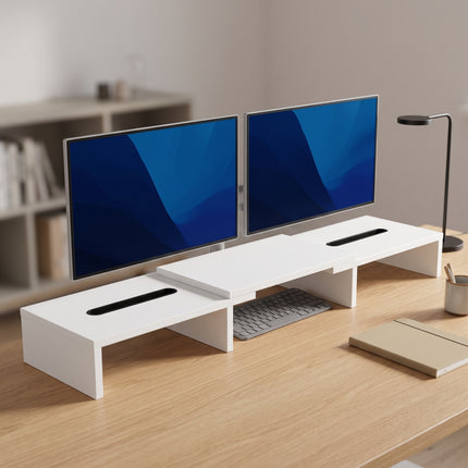 Cheqo® Monitor Standaard - Monitor Verhoger - Monitorstandaard voor 2 Schermen - Verstelbaar en Uitschuifbaar - Beeldscherm Verhoger - Beeldschermverhoger - Monitorverhoger - Laptop Standaard - Bureau Organizer voor Kantoor - Ergonomisch - Hero Lifestyle