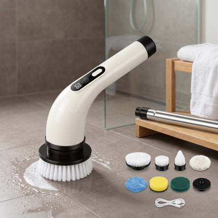 Cheqo® Elektrische Schoonmaakborstel - Elektrische Schrobber - Schrobborstel - Spin Scrubber - Roterend - Draadloos - Oplaadbaar - Schrobber met Steel - Verlengsteel - Poetsmachine - Luiwagen - voor Badkamer en Keuken - met 9 Opzetstukken - Hero Lifestyle