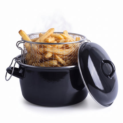 Cheqo® Frituurpan Emaille met Mandje - Friteuse met Inzet en Deksel - Frietpan - Oliebollenpan - Oliepan - Frituurmand - Geschikt voor Inductie en Gasfornuis - Frituren op het Fornuis - voor Friet en Snacks - voor Oud en Nieuw - Zwart - Hero Studio