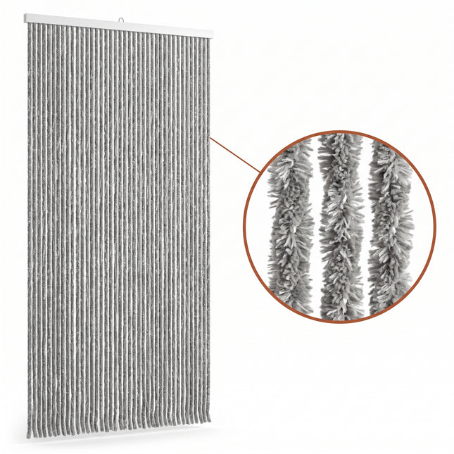 Cheqo® Vliegengordijn 90x210 cm Grijs Gemêleerd - Insectengordijn - Deurgordijn - Kattenstaart - Horgordijn - Hordeur - Pluche Strengen - Chenille - Muggengordijn - Vliegenhor - Anti Insecten - voor Deur, Tuindeur, Balkondeur, Caravan en Camper - Hero Studio
